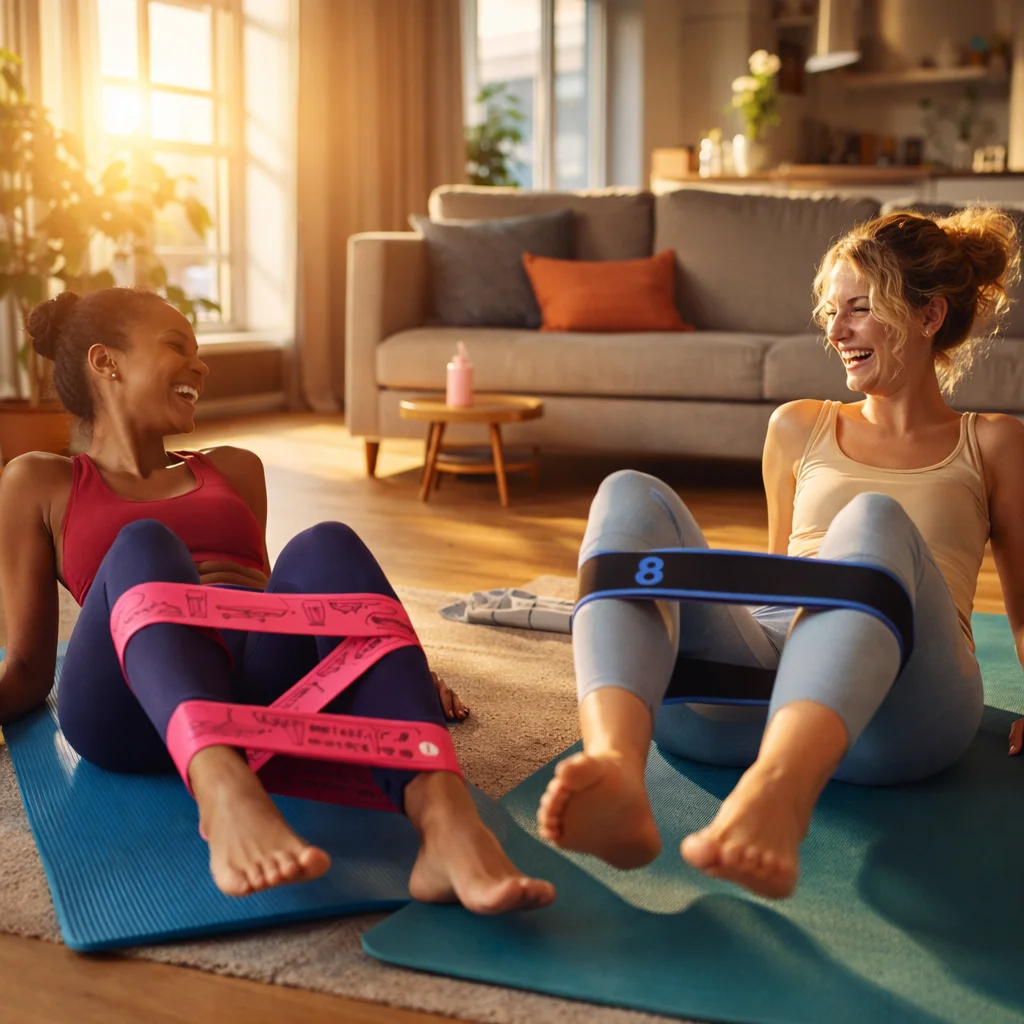 Friends working out with Stretchly fitness resistance bands set during a home yoga and pilates session