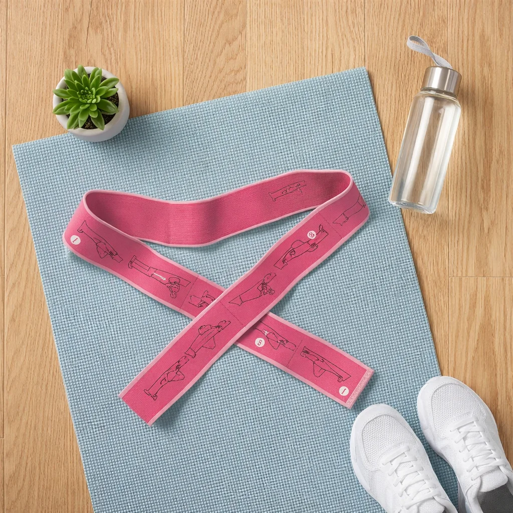 Stretchly fitness resistance bands set laid out with yoga mat and workout accessories for home exercise